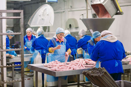 Butchers processing sausages at a meat factory.の写真素材
