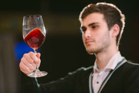 This wine is just perfect. Confident male sommelier examining glass with wineの写真素材