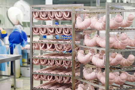 Butchers processing sausages at meat factory
