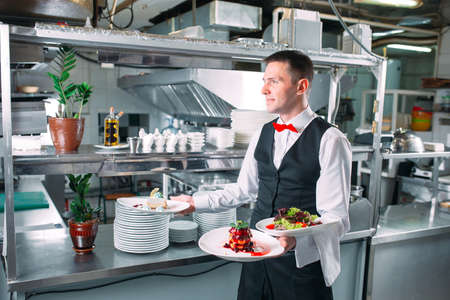 Waiter serving in motion on duty in restaurant. The waiter carries dishes.の写真素材