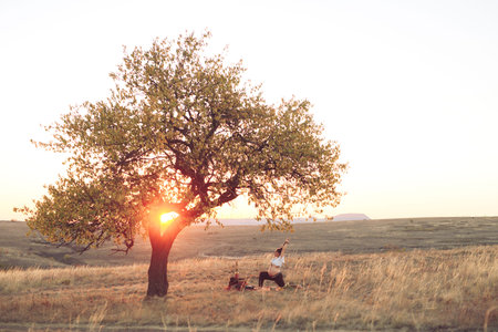 Pregnant woman doing yoga in the field at sunset