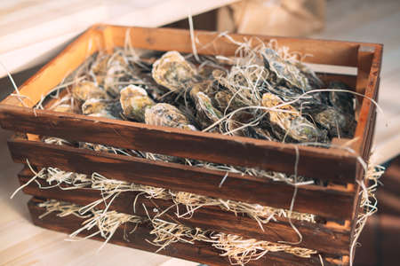 Oysters in a wooden boxの写真素材