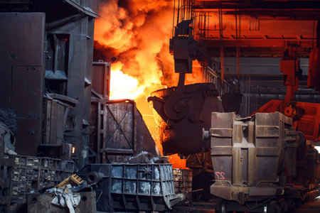 smelting of the metal in the foundry, Factory worker takes a sample for metal.