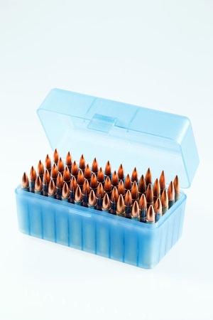 Hunting cartridges in a plastic box. Bullet storage box