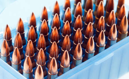 Hunting cartridges in a plastic box. Bullet storage boxの写真素材