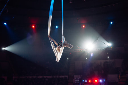 Girls aerial acrobatics in the Circus ring.