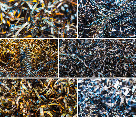 collage of Closeup twisted spiral steel shavings.の写真素材