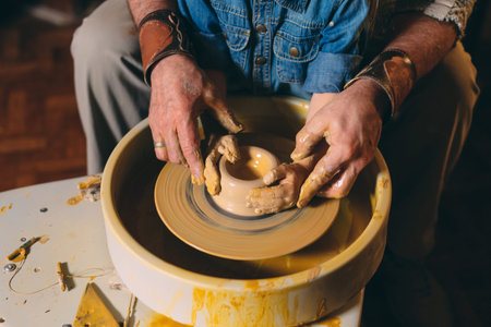 Pottery workshop. Grandpa teaches granddaughter pottery. Clay modeling
