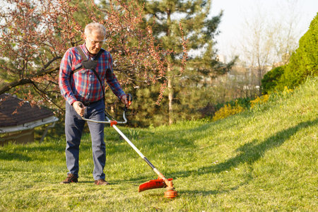 mowing trimmer - worker cutting grass in green yard at sunset