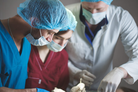 Group of surgeons at work operating in surgical theatre. Resuscitation medicine team wearing protective masksの写真素材