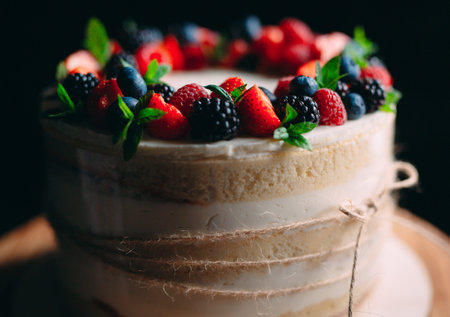 Fruit cake. Cake decorated with berries on a wooden stand on a black background.