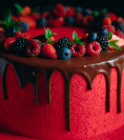 A tasty Red velvet summer fruit cake.の写真素材