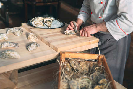 Opening the hollow and flat oysters. Chef opens oysters in the restaurant.の写真素材