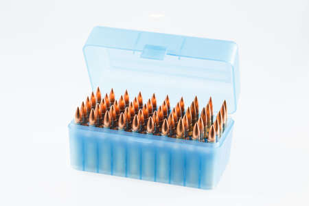 Hunting cartridges in a plastic box. Bullet storage box.の写真素材