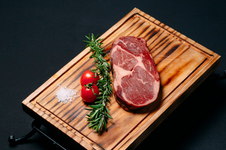 Rib eye steak on a black background.