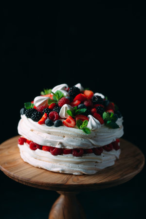 Fruit cake. Cake decorated with berries on a wooden stand on a black background.