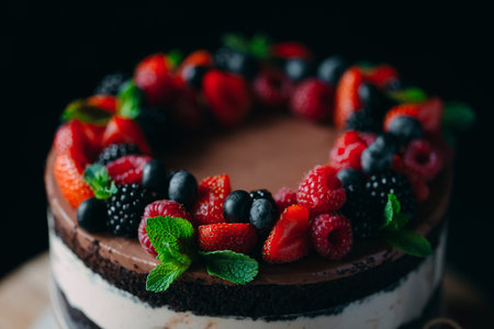 Fruit cake. Cake decorated with berries on a wooden stand on a black background.
