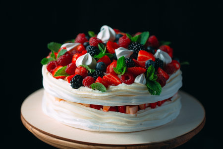 Fruit cake. Cake decorated with berries on a wooden stand on a black background.