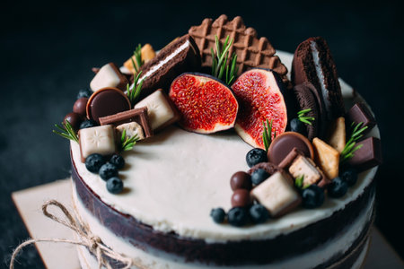 Fruit cake decorated with figs, cookies and blueberries.