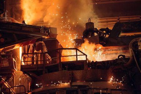 Melting of metal in a steel plant. High temperature in the melting furnace