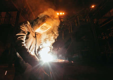 Industrial Worker at the factory welding close up