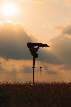 A man of athletic build performs complex gymnastic exercises in a field at sunset.