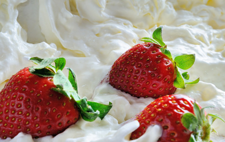 whole three strawberries and cream with cream backgroundの写真素材