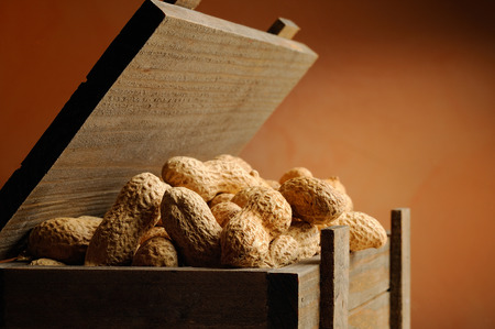 closeup wooden container filled with peanutsの写真素材