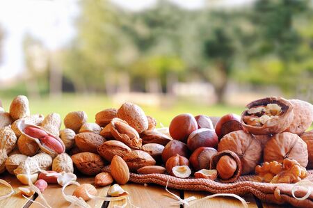 Group tasty nuts in shell and shelled on a wooden table in the field front viewの写真素材