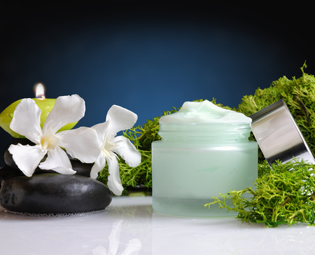 Glass cream jar open algae. Flowers, black stones and seaweed decoration. Windows background. Front viewの写真素材