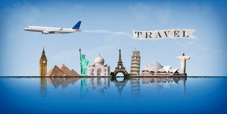 Concept of travel around the world with representation of important monuments reflected in waterの写真素材