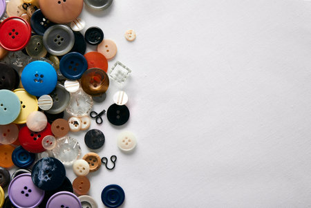 Lots of clothing buttons on white fabric left set. Horizontal composition. Top view