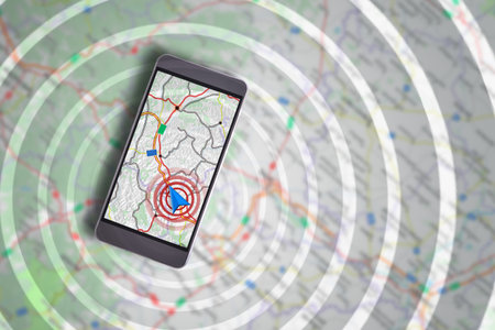 Smartphone showing on the screen an assistant GPS navigation with cartography background and waves