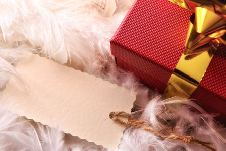Red gift box detail with golden ribbon and tag on white feathers and white background. Top view. Horizontal compositionの写真素材