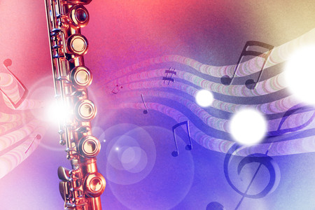 Conceptual illustration transverse flute with flying notes, brightness and red and blue lights. Front view. Horizontal composition.の写真素材