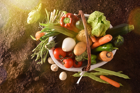 Assortment of vegetables in a wicker basket on soil. Horizontal composition. Top viewの写真素材