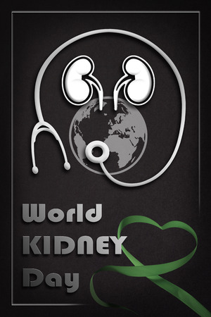 Informative poster of the world kidney day with text, kidneys, stethoscope, world and green ribbon on gray gradient backgroundの写真素材