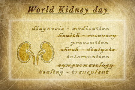 Informative poster of the world kidney day with text, kidneys, relative words, on brown background effect fabric with drawings vintageの写真素材