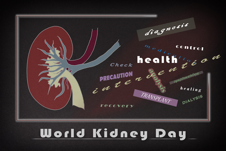 Informative poster of the world kidney day with text, kidneys, relative words, on black backgroundの写真素材