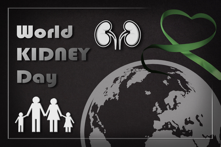 Informative poster of the world kidney day with text, kidneys, family, world and green ribbon on gray gradient backgroundの写真素材
