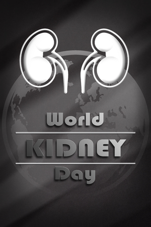 Informative poster of the world kidney day with text, kidneys, world on gray gradient background. Vertical composition.の写真素材