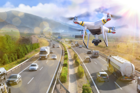 Concept of use of drones for the surveillance and control of traffic on highwaysの写真素材