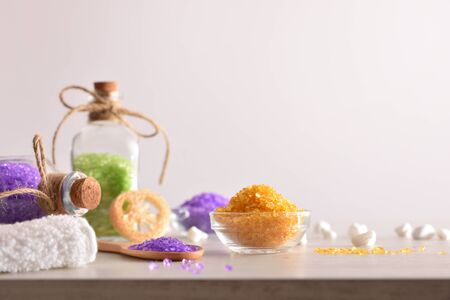 Products for body wellness on wooden table spaの写真素材