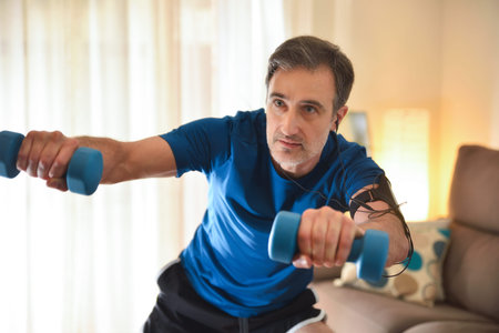 Man doing sports with dumbbells in the living room at home listening to music with headphones and...