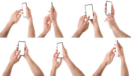 Set of various views of Caucasian man interacting phone with two handsの写真素材