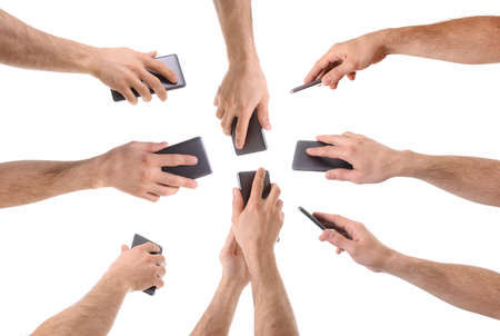 Set of Caucasian male hands with rear views of a gray mobile phoneの写真素材