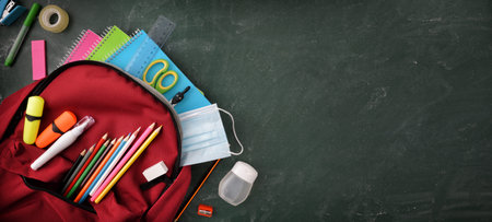 Backpack full of school supplies on green blackboard with protection mask and hydroalcoholic gel...