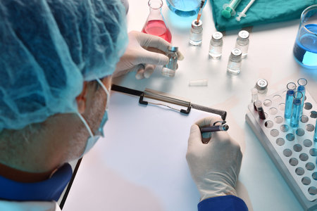 Health personnel with vials on the table writing in a folder in laboratory room. Horizontal...