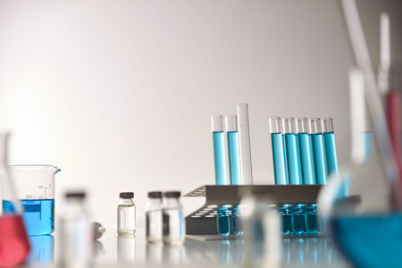 Vaccine vial search concept on table around chemical glassware on white bench. Front view....