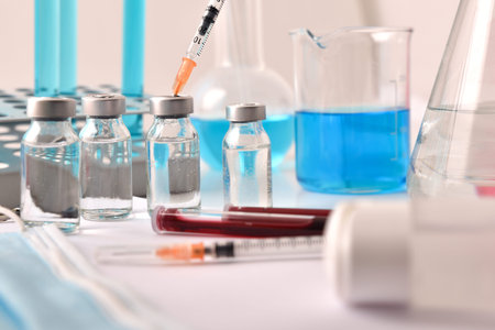 Vaccine in vial with syringe on a laboratory bench with chemical glassware, samples and protective...